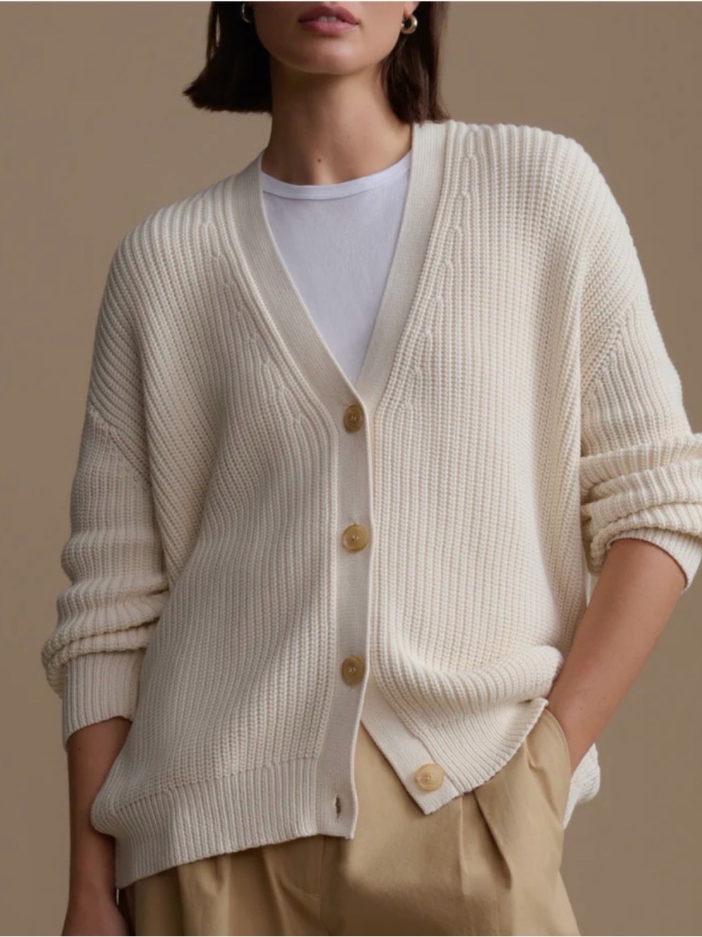 Jenni Kayne Cotton Cocoon ivory Ribbed V-Neck Button Cardigan S